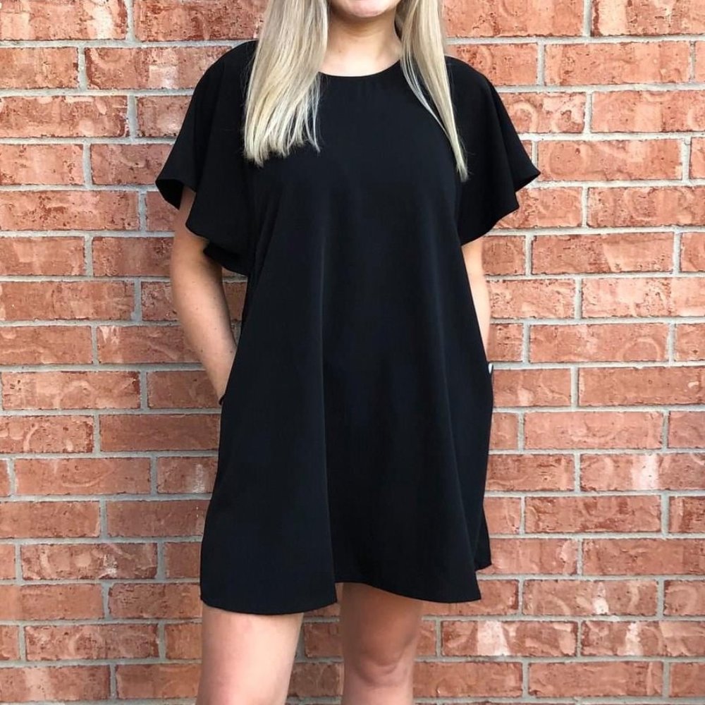 Black Flutter Sleeve Short Dress